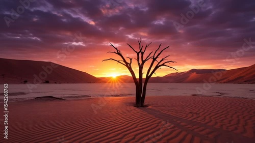 Serene Sunset Over Desert Dunes with Lone Tree