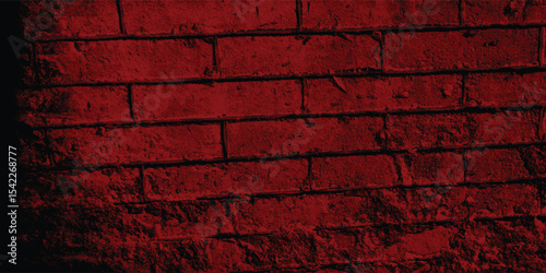 Abstract pattern created by the repetition of blocks or bricks on an old wall, rendered in a striking red with prominent shadows.
