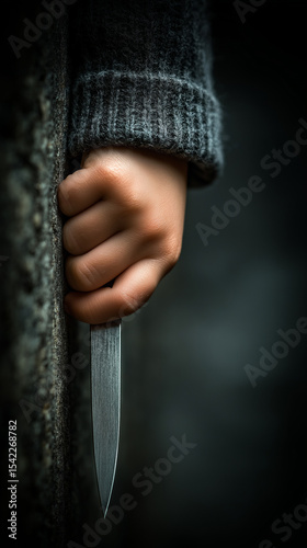 Hidden Danger: A child's hand gripping a knife, concealed against a dark, textured background. The image evokes feelings of unease and vulnerability.