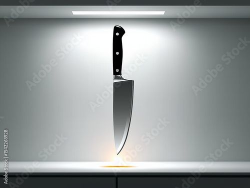 Sharp Chef's Knife: A sleek chef's knife, suspended mid-air against a modern minimalist setting, showcases its sharpness and elegance.