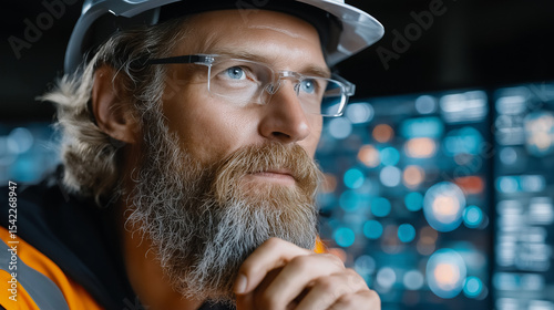 Introspective Engineer: An engineer in a hard hat, deep in thought, surveys the control room, his gaze reflects professional focus.