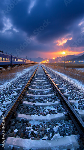 Winter Train Tracks at Sunrise: The photograph captures the serenity of dawn, with a train traversing tracks that vanish into the horizon under a sky painted with early morning hues.