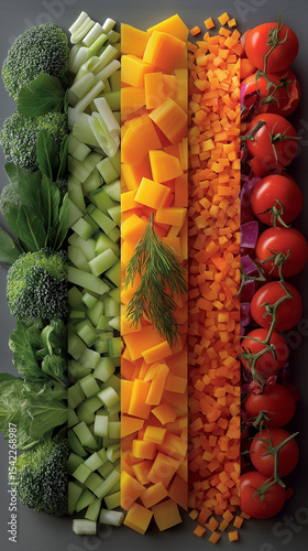 Colorful Culinary Canvas: A vibrant, eye-level display of fresh vegetables arranged artfully to showcase the diverse beauty of natural produce and their textures.