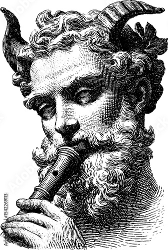 Satyr playing flute in vintage engraving style for classical art design