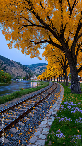 Autumnal Railroad by River: A picturesque railroad track curves gently alongside a river, framed by vibrant golden autumn trees. The tranquil scene evokes a sense of serenity and journey.