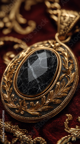Antique Pendant's Timeless Allure: An ornate antique pendant with an elegant design. a beautiful black gem is encased within a detailed golden frame on a textured, luxurious red cloth.