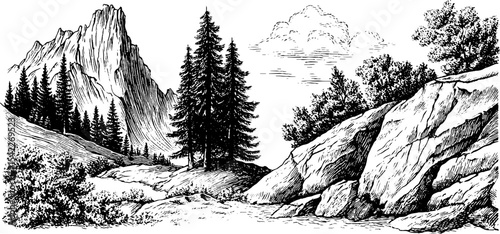 Alpine meadow landscape with jagged cliffs and pine trees illustration