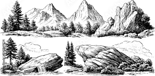 Alpine landscape with jagged cliffs and meadow slopes for nature illustration and print design
