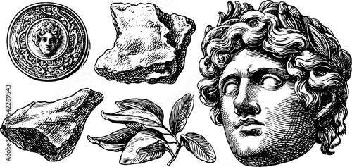 Ancient artifacts collection featuring worn coin, pottery shards, and classical sculpture elements
