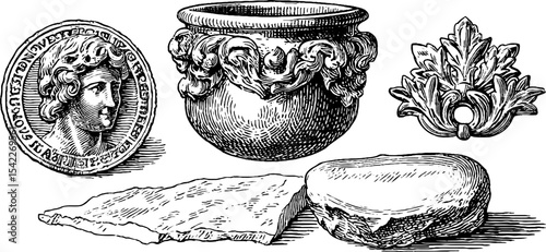 Ancient artifacts and pottery set featuring coin with worn face and detailed designs