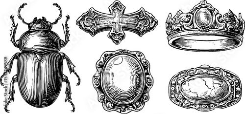 Collection of ancient egyptian scarab, renaissance cross, and regal crown designs for artistic inspiration