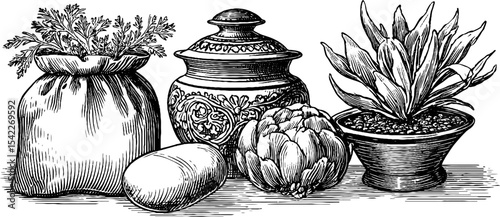 Historical collection of ancient egyptian and ottoman artifacts with coriander and artichoke