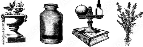Vintage apothecary set with jar, scale, and herbs for herbal and natural medicine themes