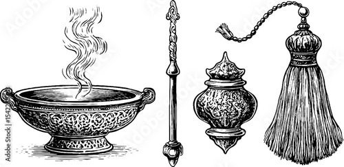 Vintage arabesque incense set and edwardian elements for decor and design