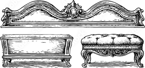 Ornate arched headboard and engraved ivory furniture design for interior decor
