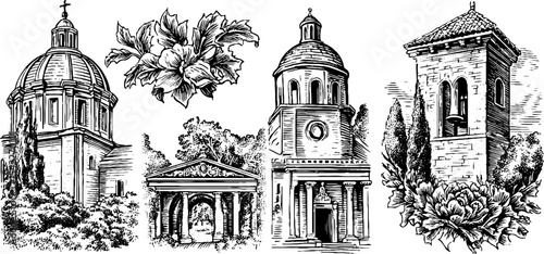 Art deco and byzantine architecture with floral elements design for decorative use