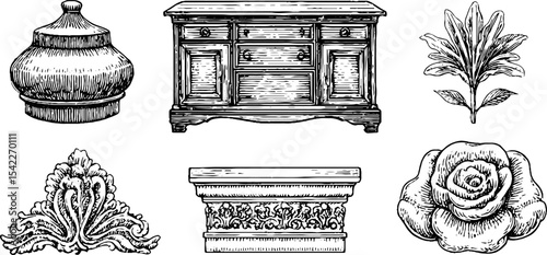 Art deco console table and byzantine dome with architectural and botanical elements for design inspiration