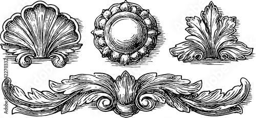 Vintage art deco design elements with jewel panel and decorative swirl