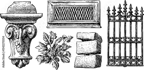 Vintage art deco radiator grille and tudor stone gate design elements for architectural inspiration
