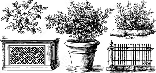 Art deco radiator grille and tudor stone gate with botanical elements for design