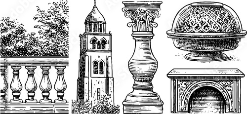 Art deco and roman architectural elements set for design and decor inspiration