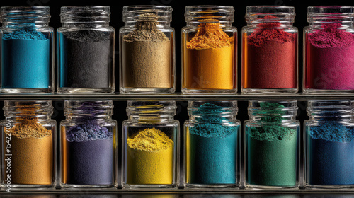 Collection of colorful pigments in small glass jars displayed on a shelf