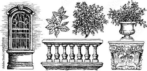 Art nouveau window and egyptian column designs with decorative balustrade and floral elements