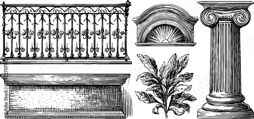 Art nouveau wrought iron railing and roman architectural elements illustration for design
