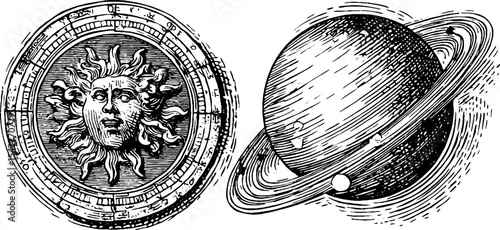 Astrological house dial and planetary wheel for mystical and educational design