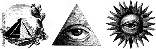 Ancient aztec symbols: pyramid, glyph with all-seeing eye, and sun illustration for cultural design