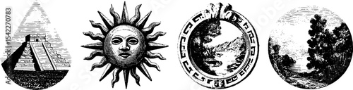 Aztec glyphs and symbols featuring sun, pyramid, and traditional motifs for cultural designs