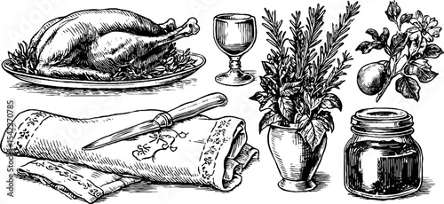 Culinary still life with baked duck, orange sauce, and herbs