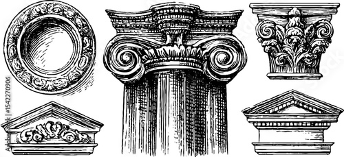Baroque balustrade and roman oculus architectural elements for design projects