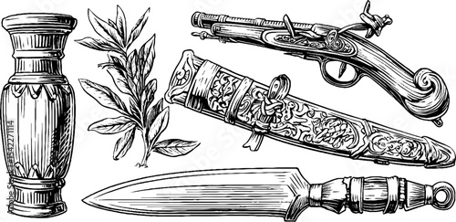 Set of baroque hunting musket and persian decorative artifacts for historical display