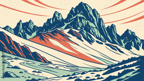 Illustration of a mountain range with snow and a stream running through a valley with a light sky above