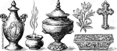Baroque incense censer and jain prayer objects for spiritual rituals and decor