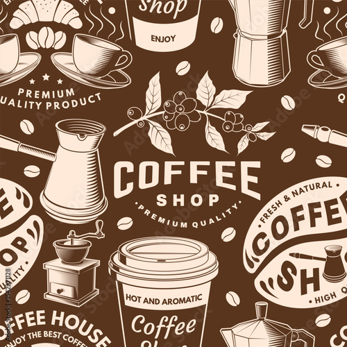Coffee shop seamless pattern or background. Vector Seamless scene with paper coffee cup, branch of coffee tree, grinder silhouette. Coffee shop background for wallpaper or wrapper