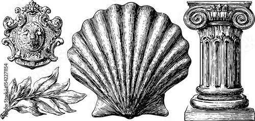 Baroque scalloped shell and islamic arabesque decorative designs for art and architecture