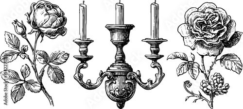 Vintage baroque wall finial with rustic candle sconce and decorative floral designs
