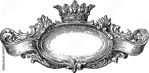 Ornate beaded label frame and dotted oval crest with crown design