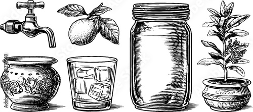 Vintage beverage dispenser set with fruit and herb illustrations for kitchen decor