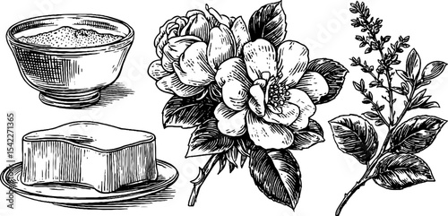 Blossom jelly ring and jasmine mousse cup with floral arrangement for culinary design
