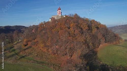 Flying around of The Calvary of Banska Stiavnica, Slovakia, a complex of churches and chapels on Scharfenberg Hill.
