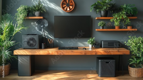 Modern home office with wooden desk and plants