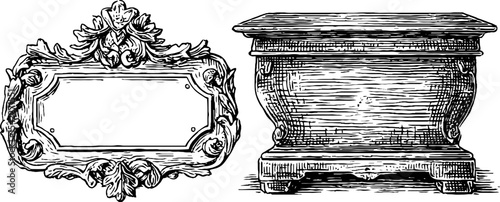 Vintage box design with ornate hinge and intricate carved medal elements