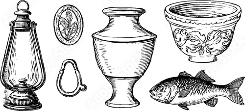 Vintage antique elements collection featuring broken urn base and faded coin design for historical art projects
