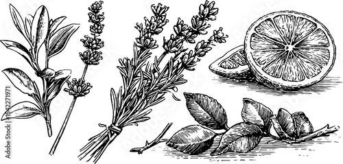Botanical illustration of lavender, wheat, and citrus slice for natural design projects