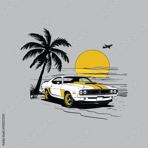 Classic muscle car at sunset beach scene