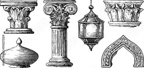 Ornate byzantine columns and egyptian cornice architectural elements collection