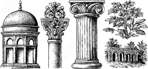 Historical architectural elements: byzantine dome and baroque cartouche with classical columns